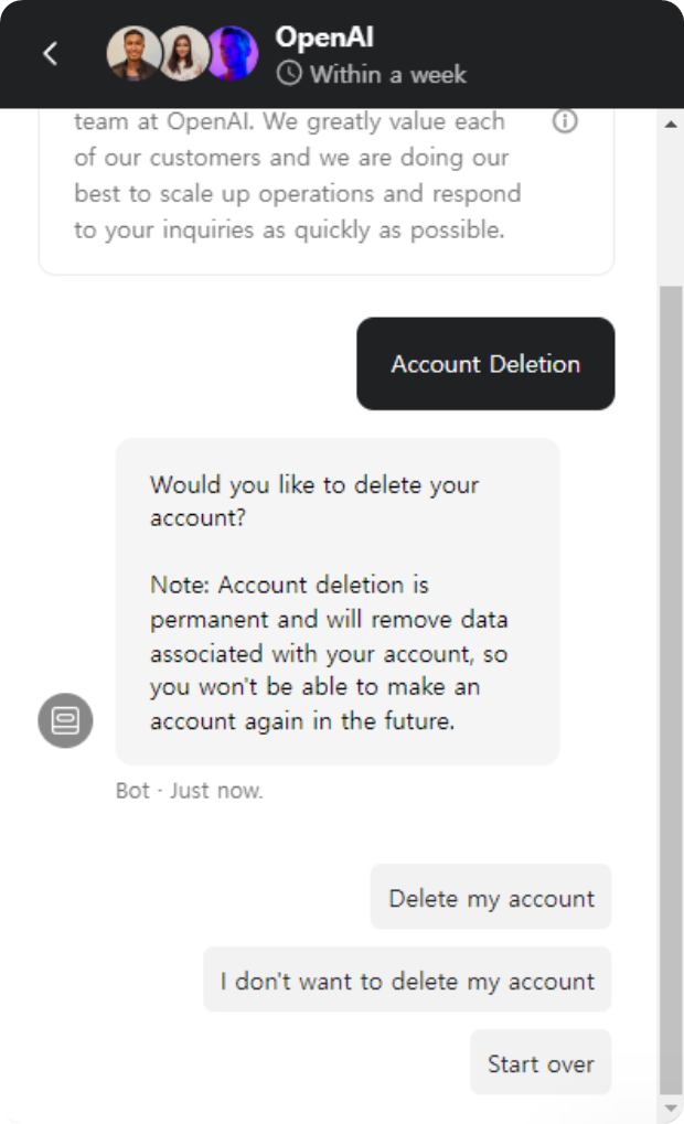 계정 삭제를 원하냐는 메시지(Would you like to delete your account?)가 나옵니다. 아래 3개의 옵션 중 &#39;Delete my account&#39;를 클릭합니다.