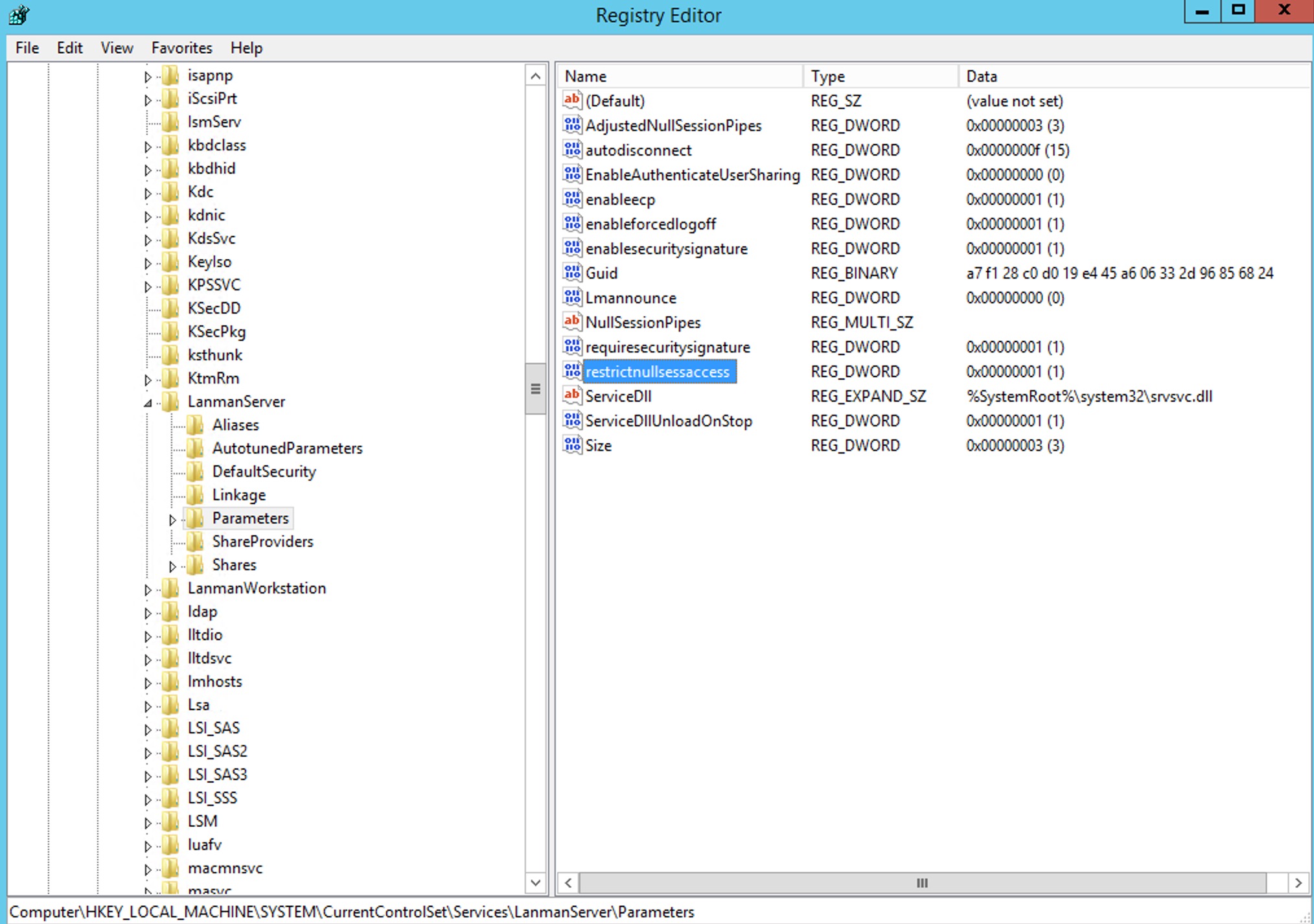 HKLM\SYSTEM\CurrentControlSet\Services\lanmanserver\parameters\restrictnullsessaccess