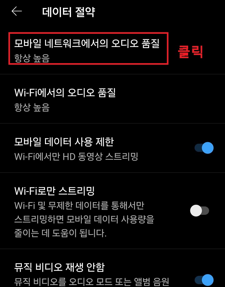 모바일 네트워크에서의 오디오 품질 메뉴 클릭함