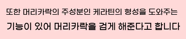 또한 머리카락의 주성분인 케라틴의 형성을 도와주는 기능이 있어 머리카락을 검게 해준다고 합니다