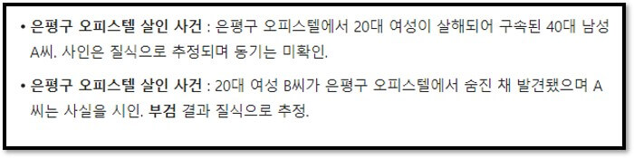 은평구 오피스텔 살인 사건 : 은평구 오피스텔에서 20대 여성이 살해되어 구속된 40대 남성 A씨. 사인은 질식으로 추정되며 동기는 미확인.
은평구 오피스텔 살인 사건 : 20대 여성 B씨가 은평구 오피스텔에서 숨진 채 발견됐으며 A씨는 사실을 시인. 부검 결과 질식으로 추정.