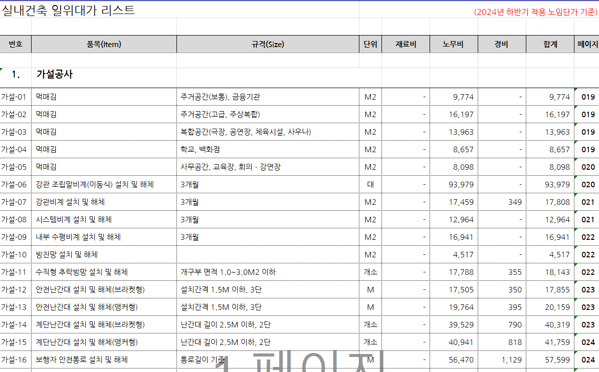 실내건축 일위대가 리스트 2024년도 하반기