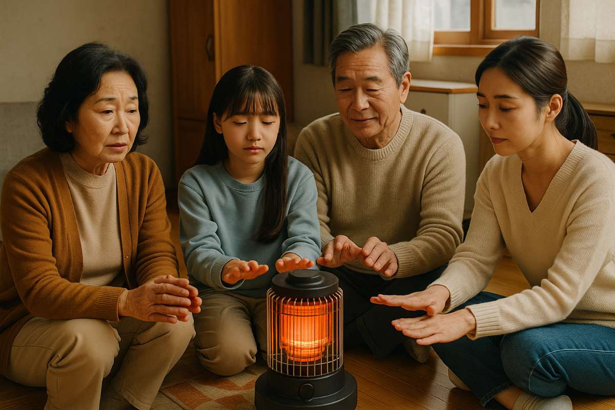 난방기 앞에서 모여 있는 가족