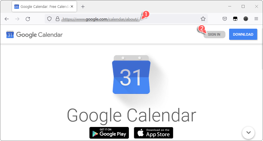 Mozilla Firefox > Google Calendar 접속 > Google 계정 로그인