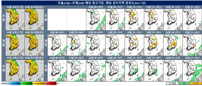 오늘~모레 예상 최고기온과 예상 강수지역 분포도