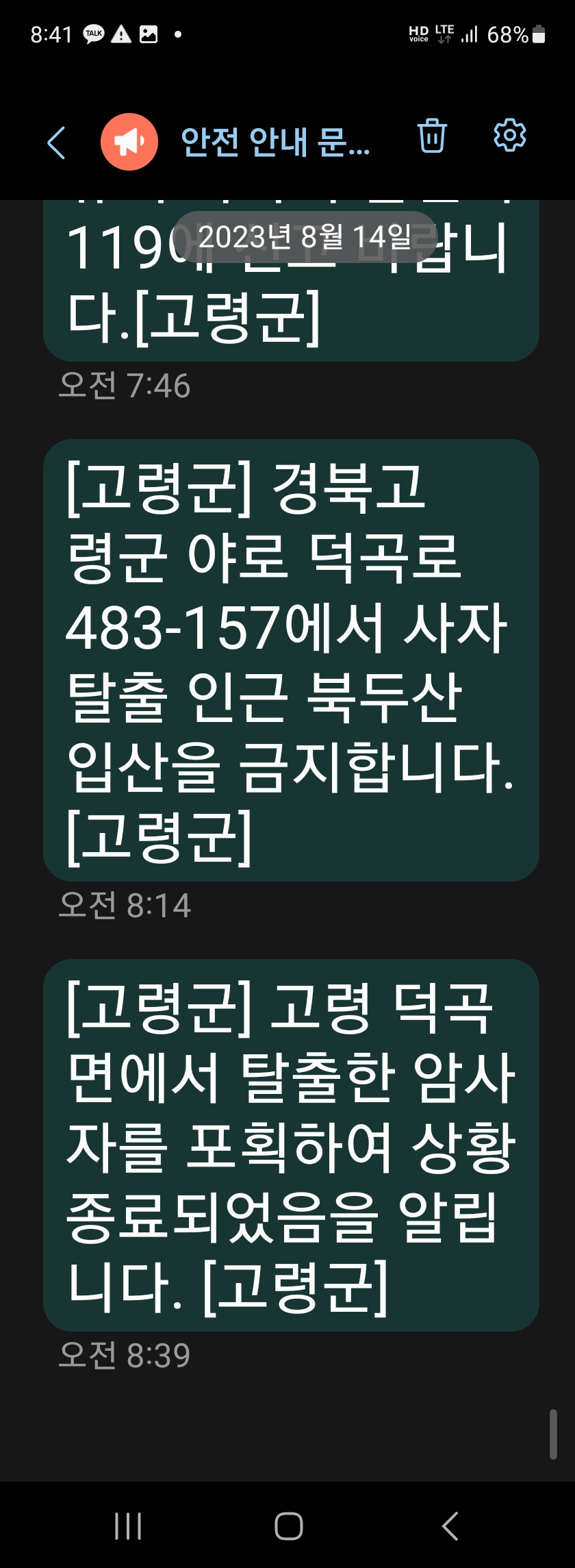 고령군 암사자 탈출 및 포획에 관한 재난문자