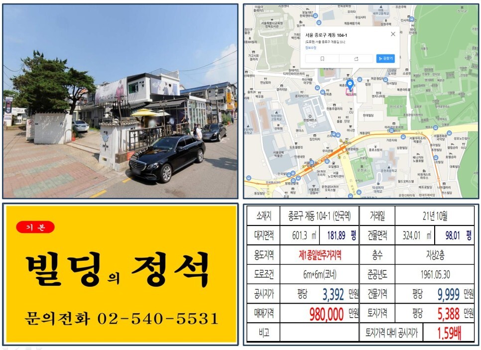  [종로구 북촌한옥마을 90억 꼬마빌딩 실거래가 조회] 계동 104-1 (안국역) 98억 원, 평당 5,388만 원 매매되었습니다.