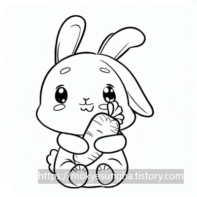 당근을 들고 있는 귀여운 토끼 색칠 도안. rabit coloring paper.
