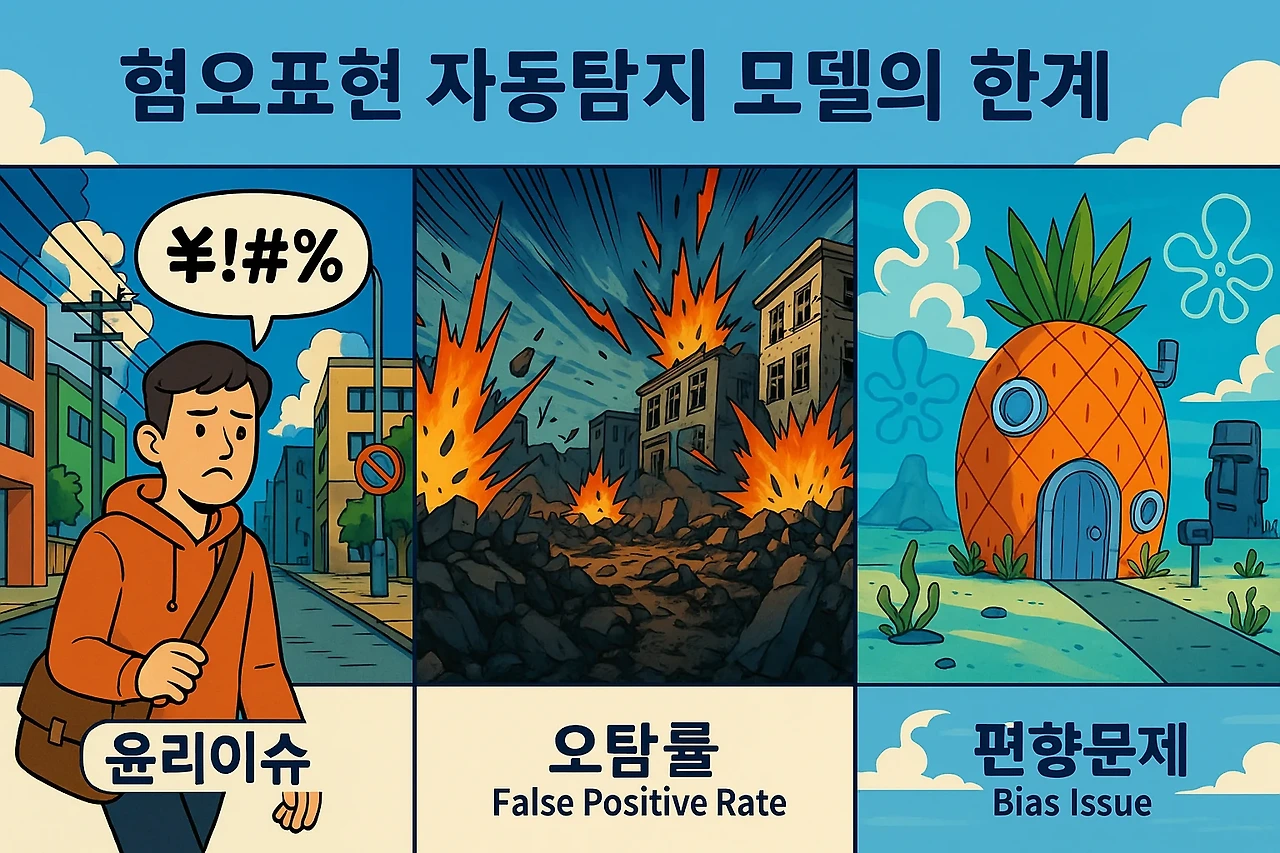 혐오표현 자동탐지 모델의 한계 (윤리이슈, 오탐률, 편향문제) 관련 이미지