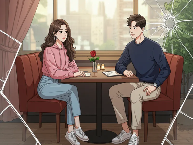 식당에서 소시오패스 연인의 위험 신호를 묘사한 코믹북 스타일 이미지&quot;