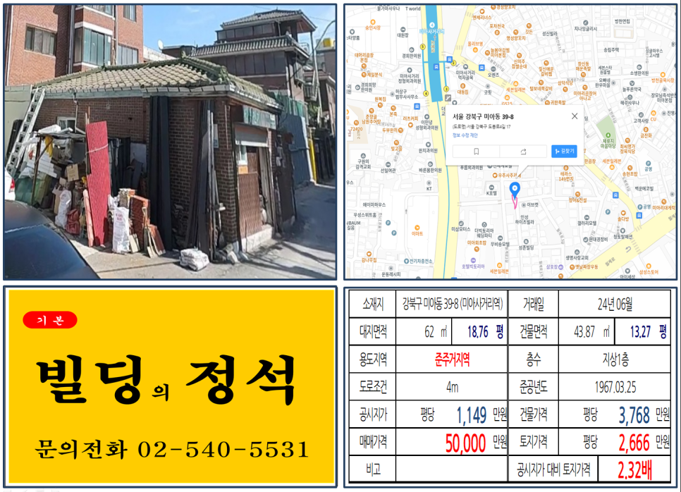 강북구 미아동 부동산 시장 준주거지역 5억 원 빌딩 거래 사례