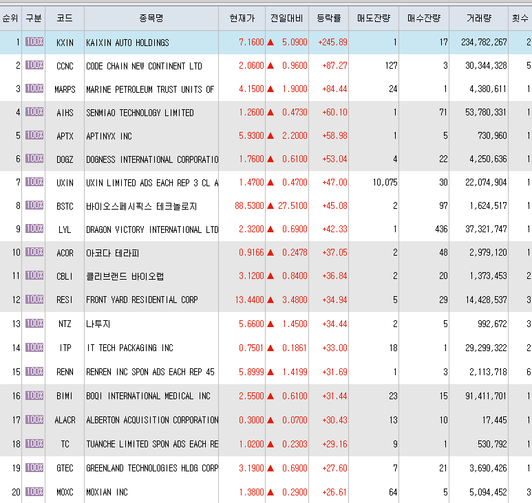  10월19일 미국주식 상승률 상위 종목 TOP 100