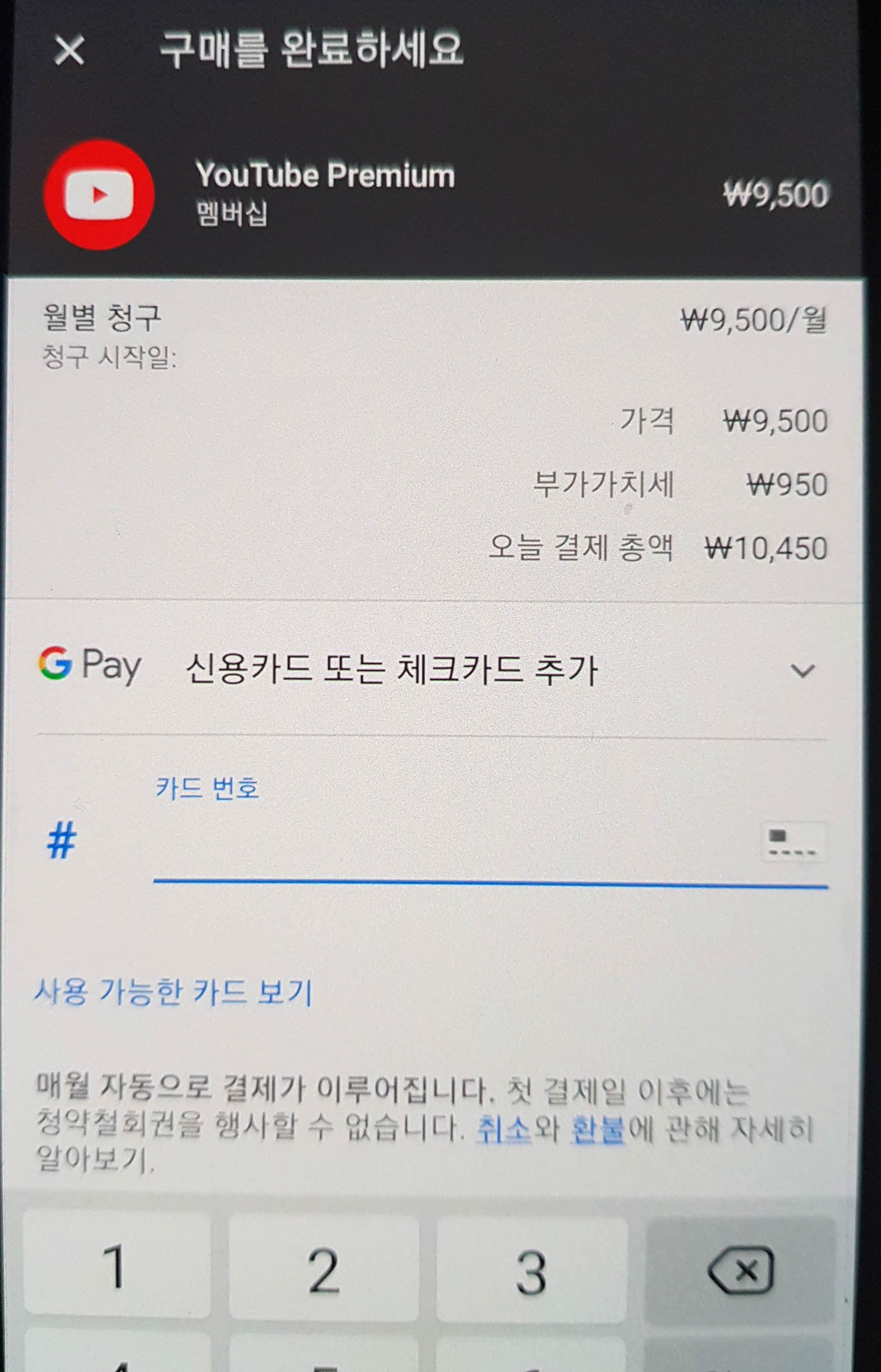 유튜브 화면에서 결제 수단