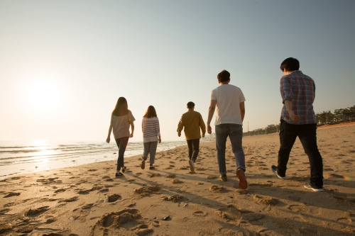 5명의 청년들이 바닷가 모래사장에서 걷고 있는 사진