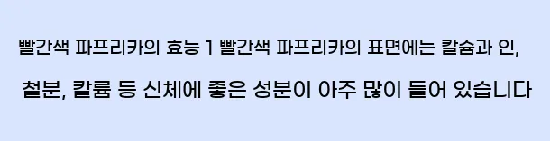  빨간색 파프리카의 효능 1 빨간색 파프리카의 표면에는 칼슘과 인, 철분, 칼륨 등 신체에 좋은 성분이 아주 많이 들어 있습니다