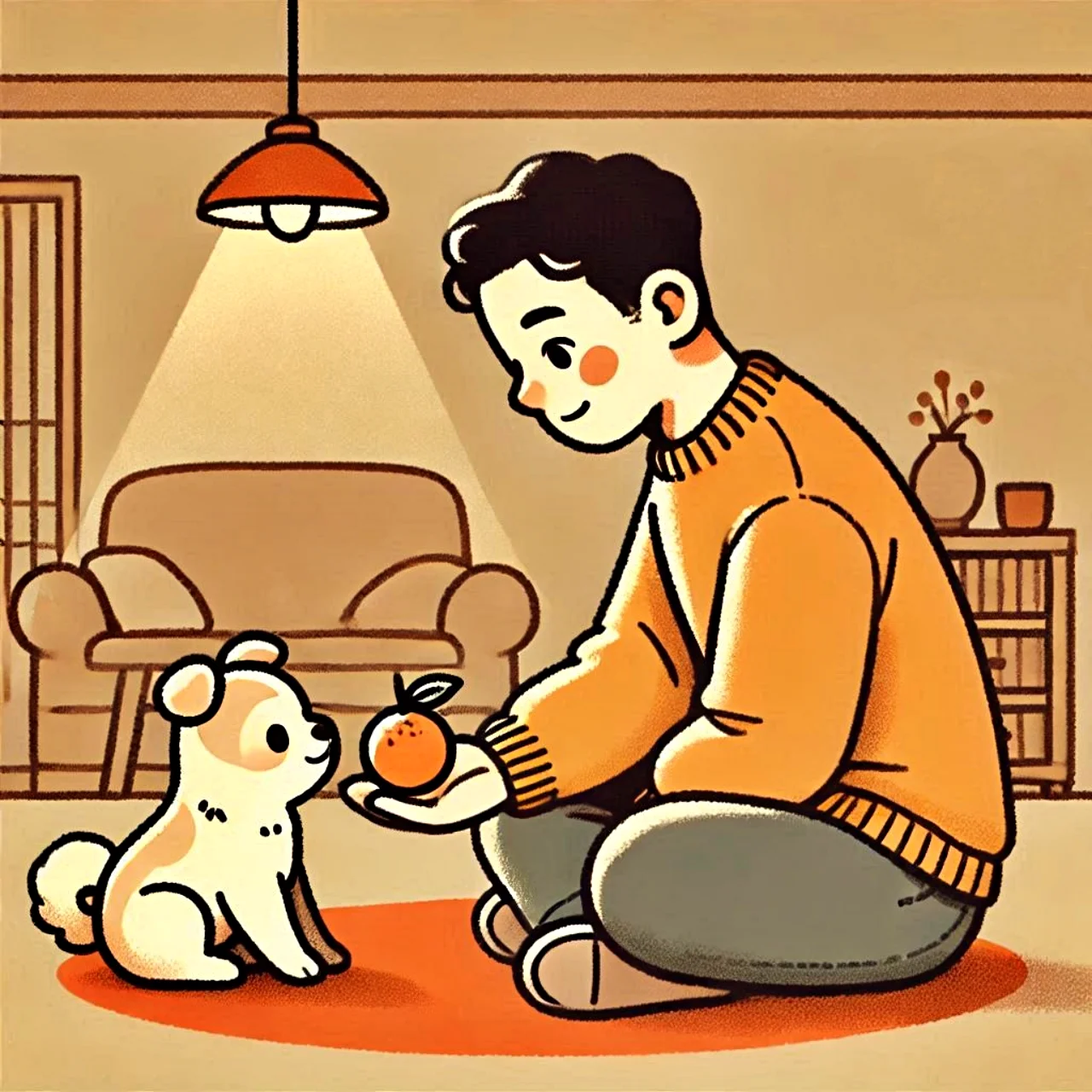 강아지에게 귤을 보여주는 사람 / A person showing a tangerine to a dog