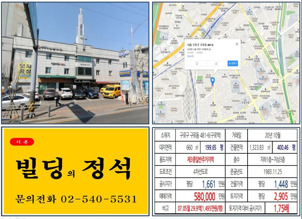  [구로구 구로구청 신축부지 50억 꼬마빌딩 실거래가 조회] 구로동 481-6 (구로역) 58억 원, 평당 2,905만 원 매매되었습니다.  4차