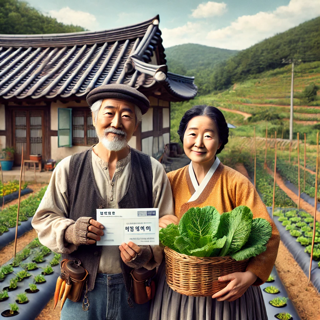 각자의 농촌 배경에서 부부가족 70대 노부부가 모여 공익직불금 서류를 들고 있는 장면 &ndash; 정부 농업보조 정책 홍보용 이미지