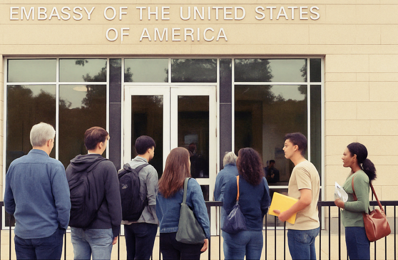 People waiting outside US embassy for tourist visa interview