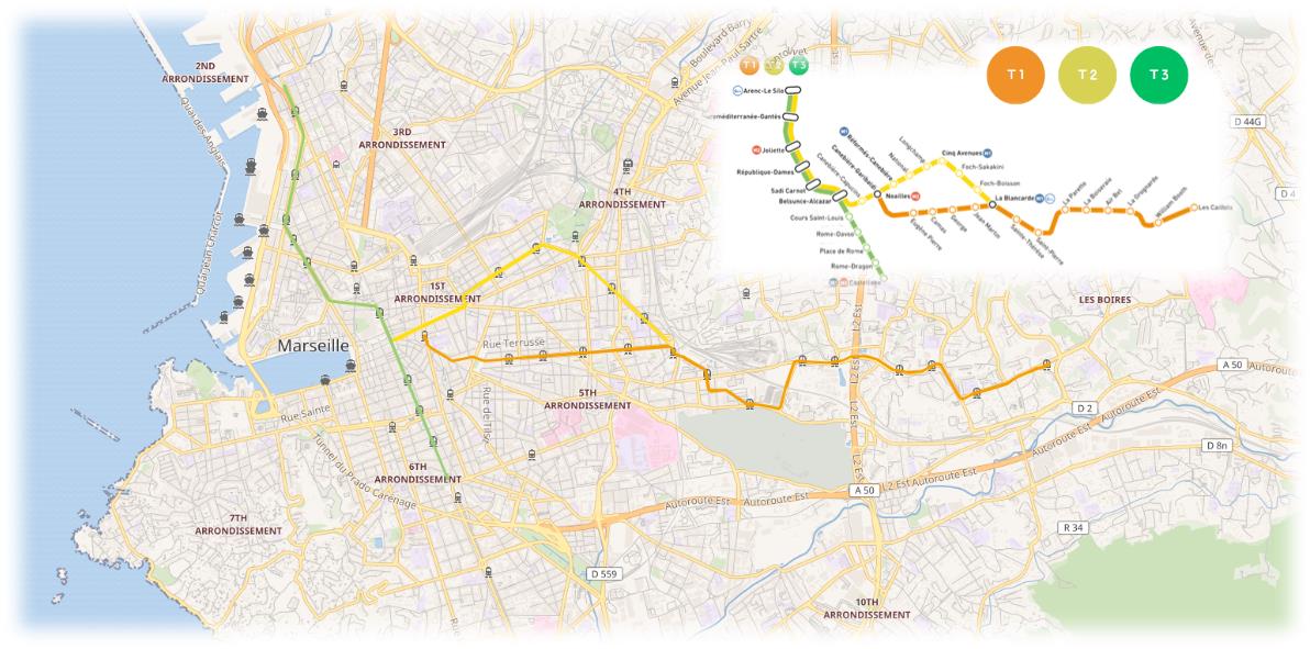 남프랑스 마르세유의 트램 노선 및 주변 지도