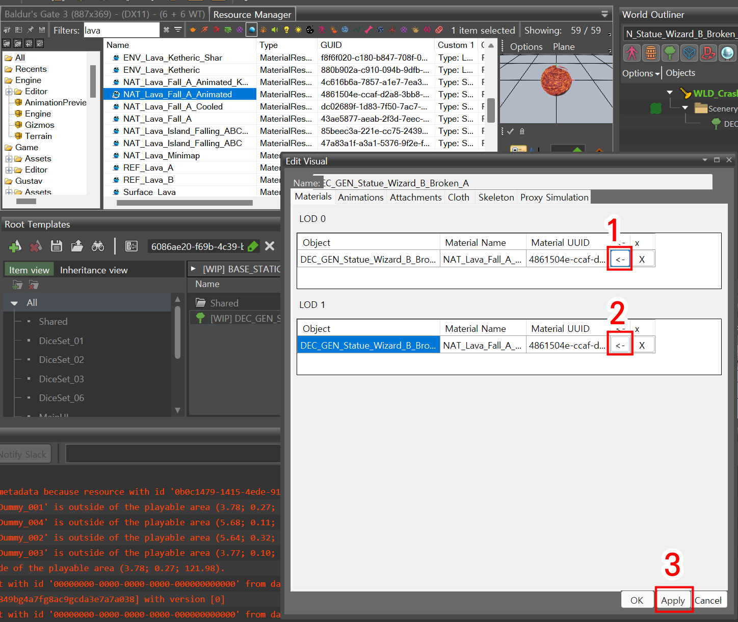 발더스 게이트 3 툴킷 Edit Visual 창에서 Material 적용 방법을 안내하는 화면