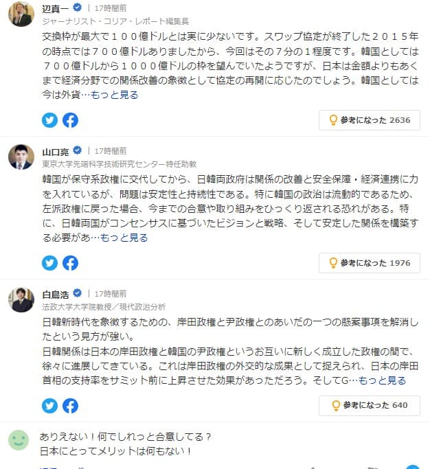 일본어로 통화 스와프에 대한 의견이 나와 있는 일본 댓글 캡쳐 사진