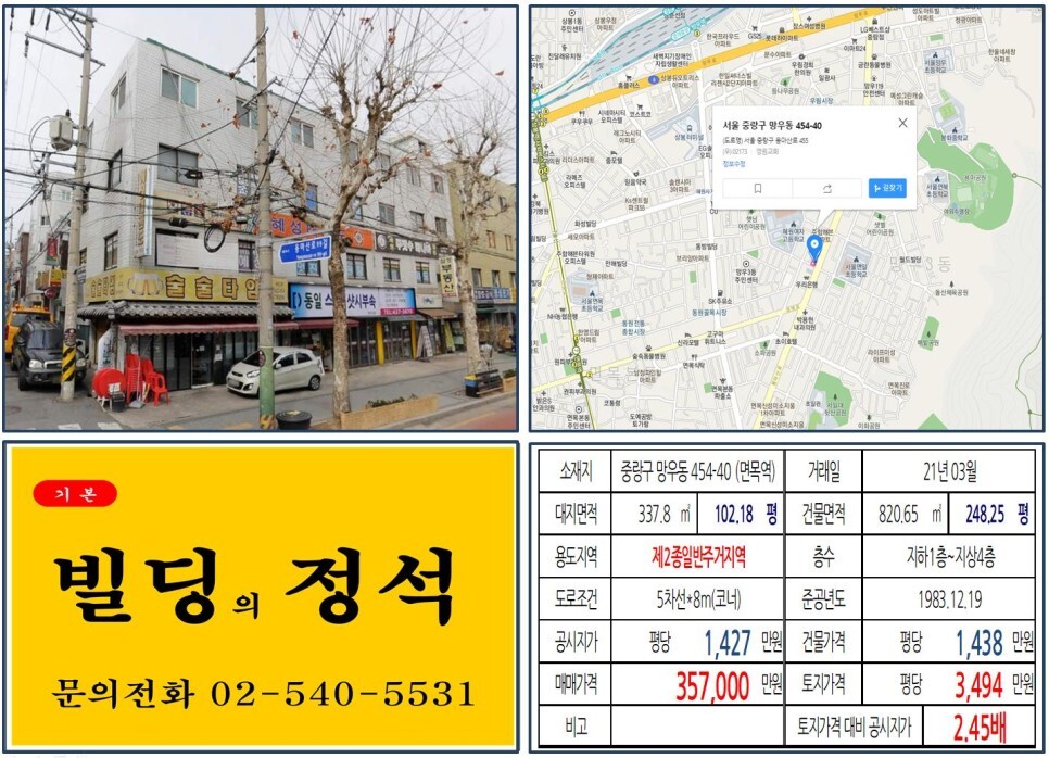  [중랑구 면목선 경전철 호재지역 30억 꼬마빌딩 실거래가 조회] 망우동 454-40 (면목역) 35.7억 원, 평당 4,408만 원 매매되었습니다. 상봉터미널 부지 복합개발사업