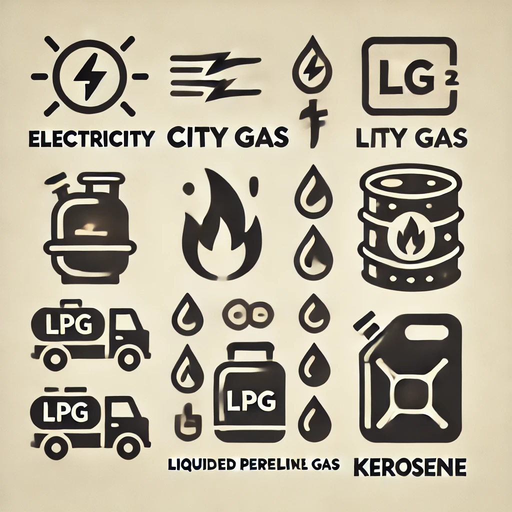 다양한 에너지원 아이콘: 전기, 도시가스, LPG, 등유.
