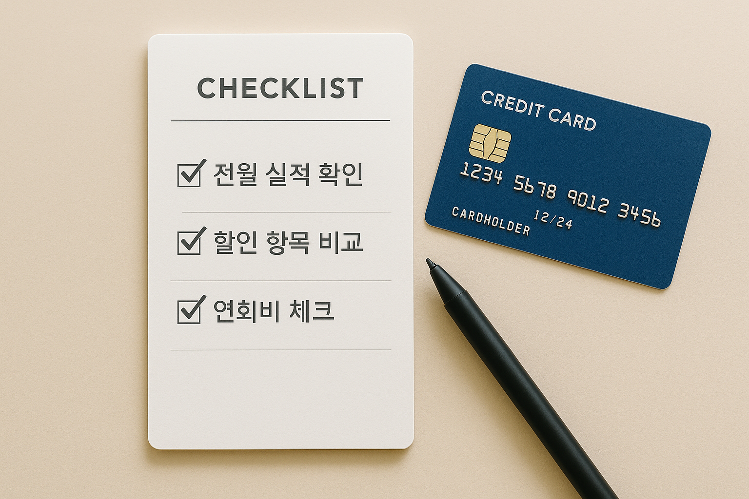 체크리스트 메모지와 펜, 신용카드가 함께 놓인 장면. 메모지에는 '전월 실적 확인', '할인 항목 비교', '연회비 체크' 등의 항목이 적혀 있음