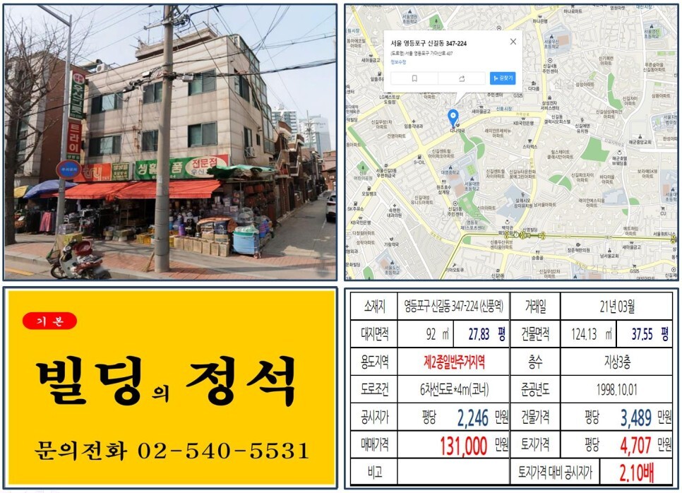  [영등포구 신길뉴타운 10억 꼬마빌딩 실거래가 조회] 신길동 347-224 (신풍역) 13억 1,000만 원, 평당 4,707만 원 매매되었습니다. 신길센트럴자이아파트