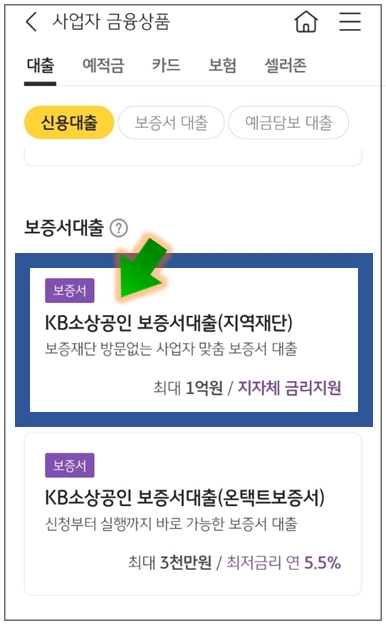 양구군-개인사업자대출-step4-KB소상공인보증서대출-메뉴선택