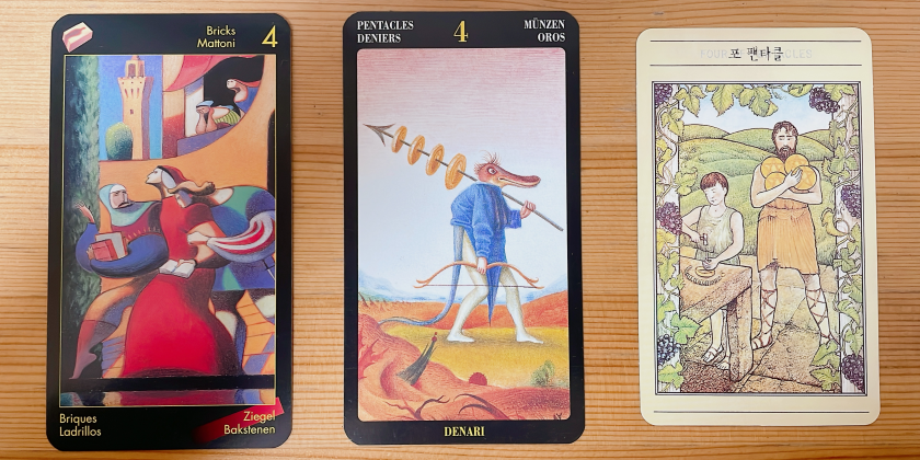 Four of pentacles tarot 타로 4번 펜타클 카드 의미 상징