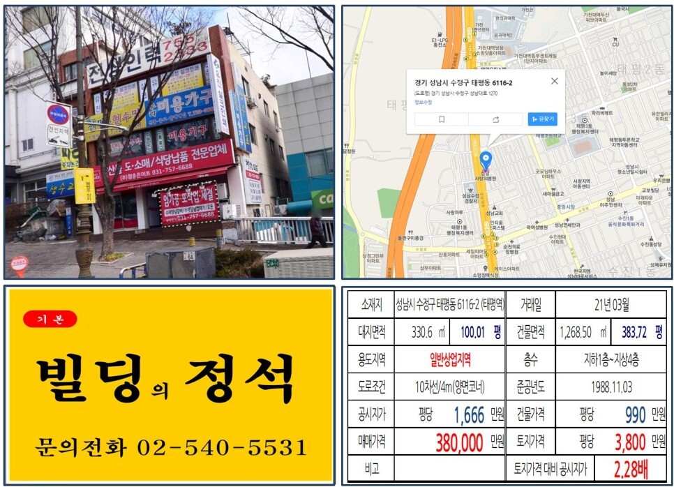  [성남시 대로변 일반상업지역 30억 올근생 꼬마빌딩 실거래가 조회] 태평동 6116-2 (태평역) 38억 원, 평당 3,800만 원 매매되었습니