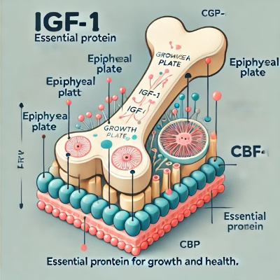 성장판 부위와 IGF-1의 작용을 강조하는 다이어그램