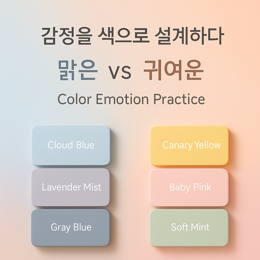 이 이미지는 ‘맑은’과 ‘귀여운’ 감정을 색상으로 비교한 인포그래픽입니다. 맑은 쪽은 Cloud Blue, Lavender Mist, Gray Blue, 귀여운 쪽은 Canary Yellow, Baby Pink, Soft Mint 컬러로 구성되어 있습니다.