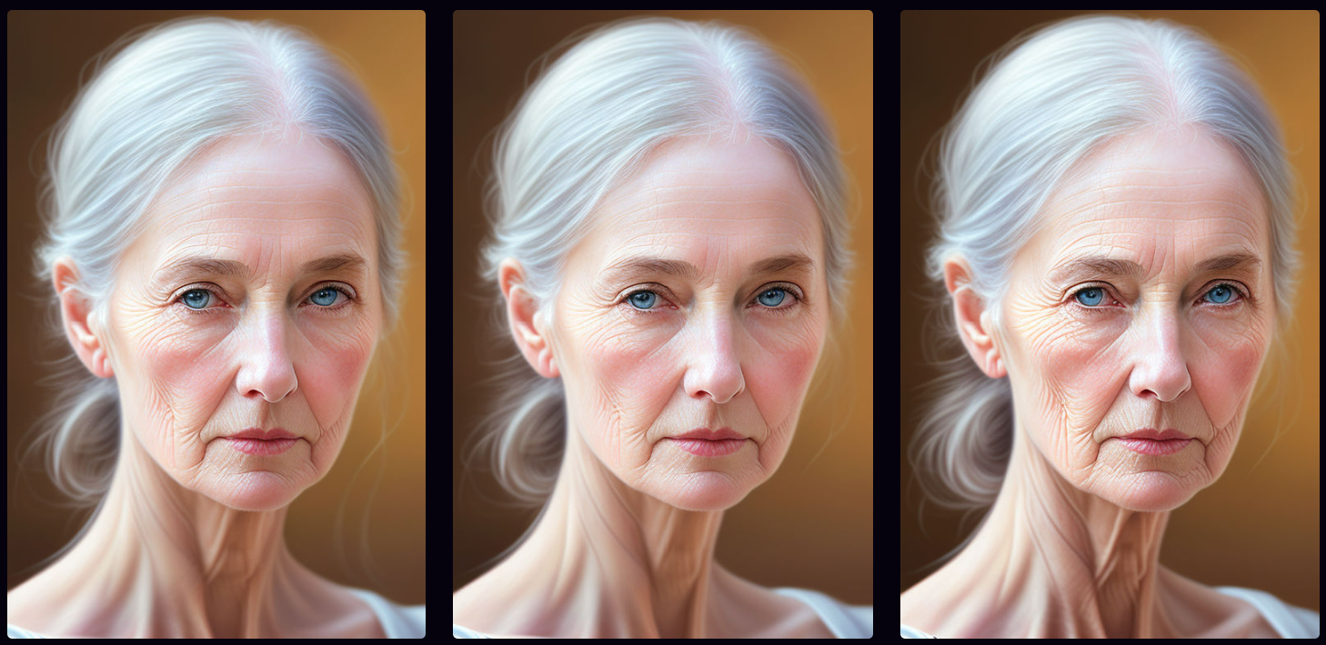 Images of a girl aging from 65 to 63