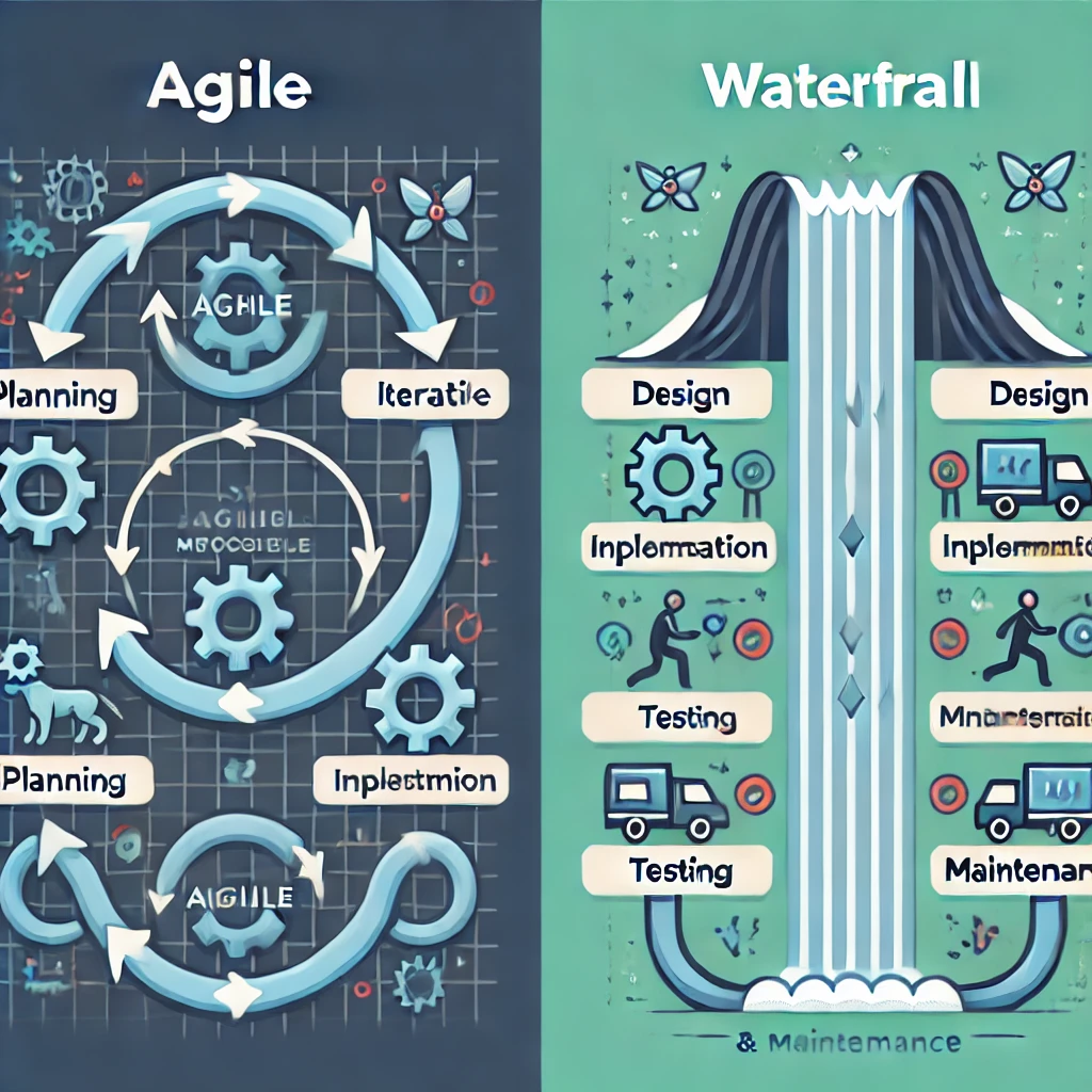 애자일(Agile)과 워터폴(Waterfall) 방법론 비교 일러스트: 애자일은 반복적이고 유연한 루프, 워터폴은 직선형 단계로 설명됨