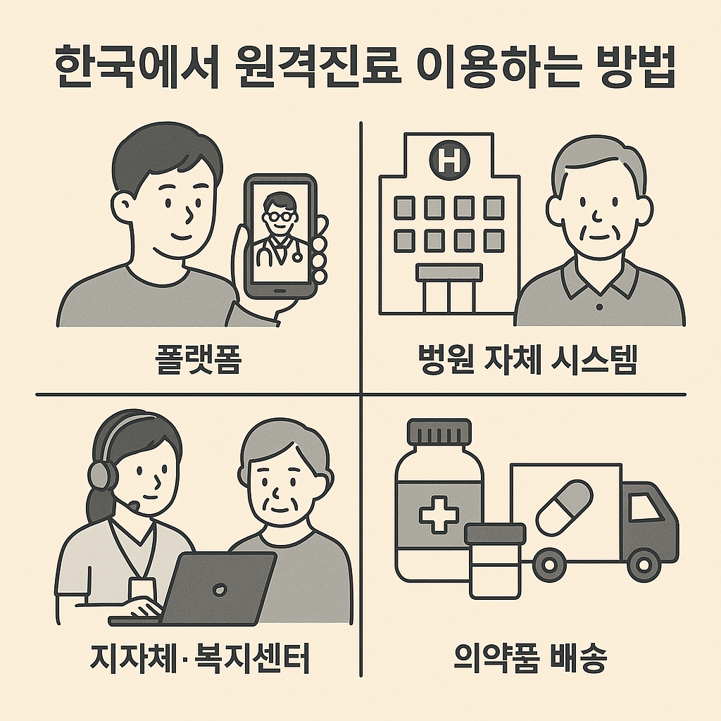 한국에서 원격진료를 이용하는 4가지 방법을 설명하는 인포그래픽. 스마트폰으로 의사와 연결하는 남성, 병원 자체 시스템을 통한 화상진료, 복지센터에서 직원의 도움을 받는 고령자, 그리고 약을 배송하는 트럭 이미지가 각 영역에 나뉘어 평면 스타일로 표현되어 있으며, 각 항목에는 한국어 설명이 함께 배치되어 있다.