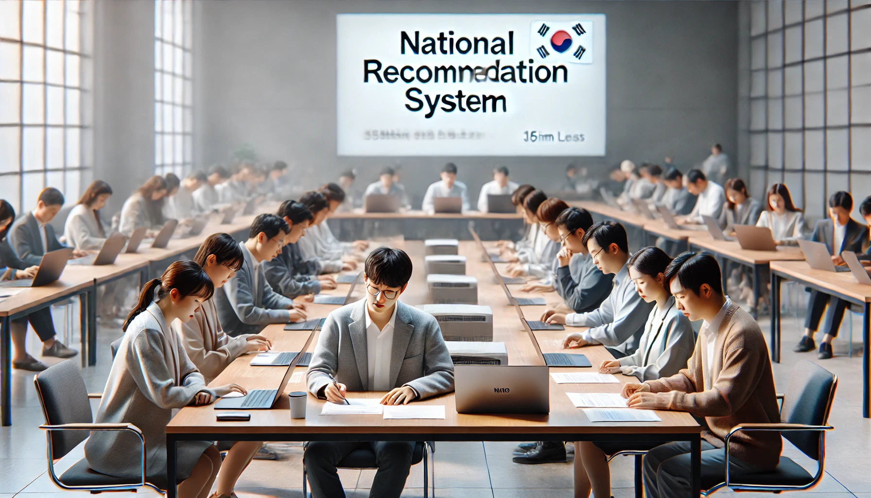 ‘National Recommendation System’ 배너 앞에서 추천서를 작성하는 시민들