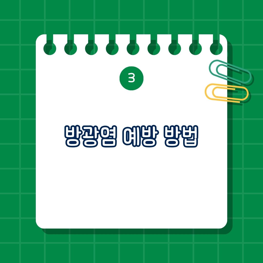 방광염 예방법, 예방 방법에는 충분한 수분 섭취, 배뇨 습관 개선, 올바른 화장실 습관, 성관계 후 배뇨, 면역력 강화, 개인 위생 유지