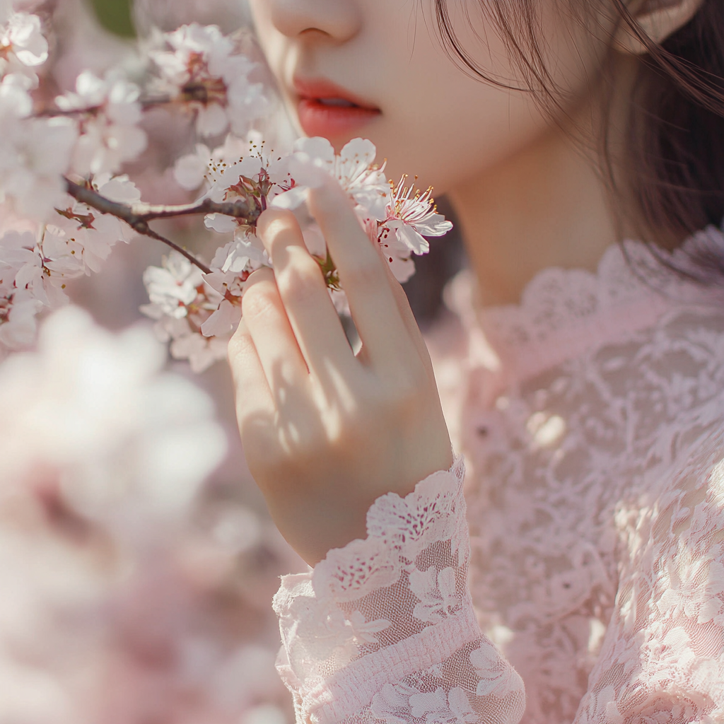 벚꽃을 손끝으로 살짝 터치하는 여성의 클로즈업 사진