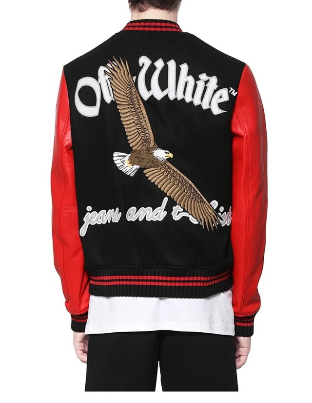  [OFF WHITE] 오프화이트 엠브로이더리 레더 바시티 자켓