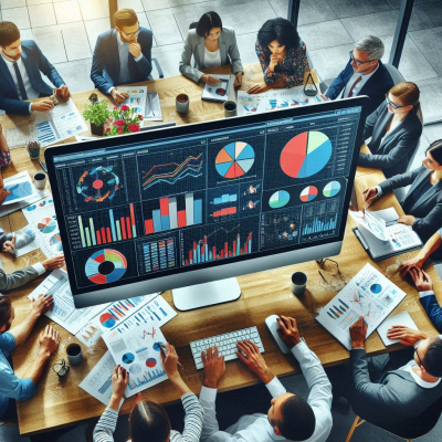 회의 테이블에서 다양한 데이터를 살펴보는 비즈니스 회의 중인 사람들.