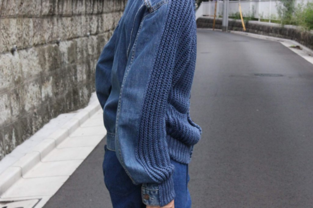 bless X cristaseya patched denim knit cardigan