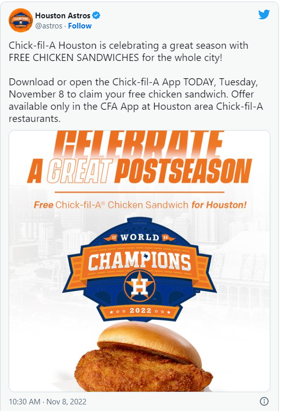 Houston Chick-fil-As are giving out free chicken sandwiches to celebrate Astros&#39; WS win