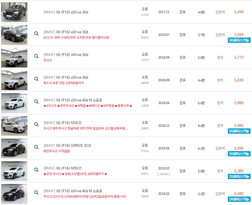 X6 (F16) 중고차 최고가 시세표