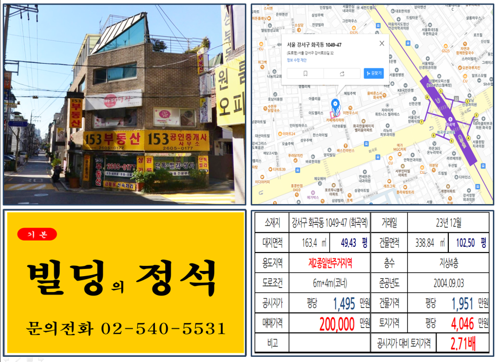  [강서구 화곡역 역세권 코너 20억 꼬마빌딩 실거래가 조회] 화곡동 1049-47 (화곡역) 20억 원, 평당 4,046만 원 매매되었습니다.