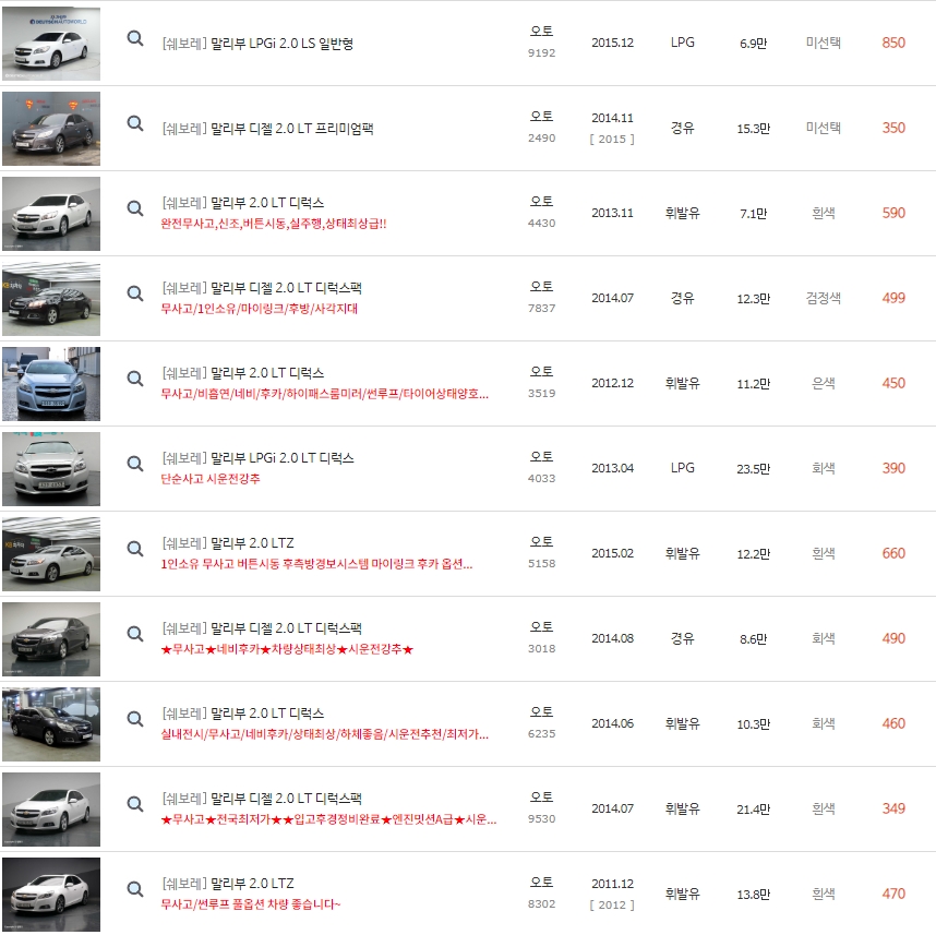 말리부 중고차 가격은 최저가 230만원 부터 ~ 최고가 990만원