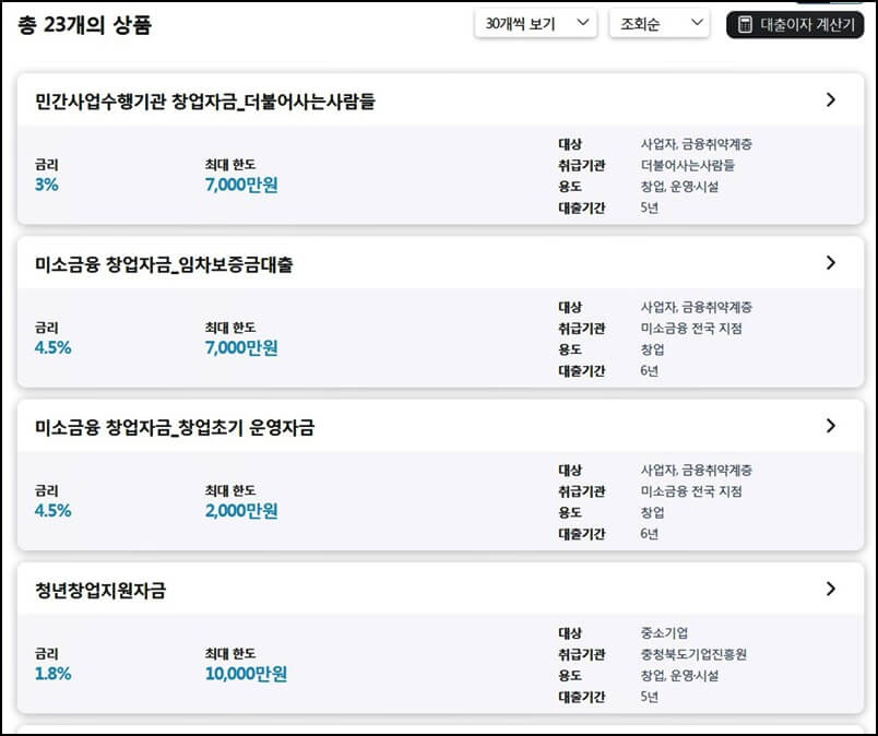 서민금융진흥원-홈페이지에서-대출상품-검색결과