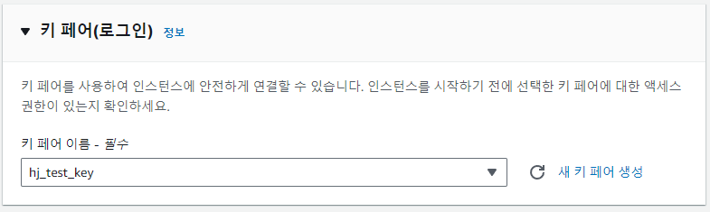 생성한 키 페어가 입력된 화면